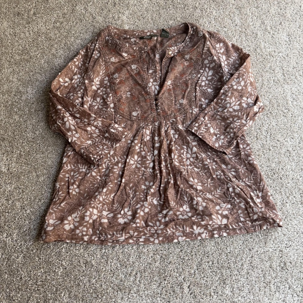 Eddie Bauer Blouse Womens L Brown Floral Henley 3/4 Sleeve Tunic Cotton Top